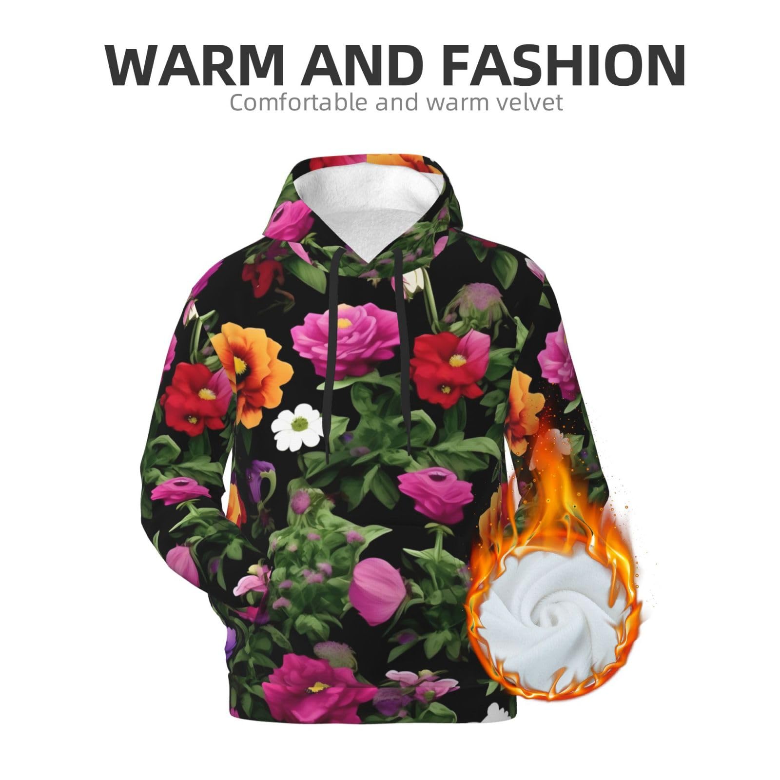 Męska bluza z kapturem z nadrukiem Thug Life Flowers, casualowa grafika z nadrukiem bluzy z kapturem z kieszenią