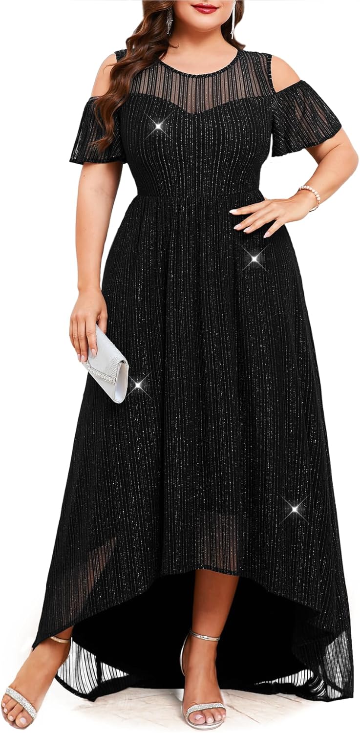 ZOMVA Plus Size Sparkly Mesh Maxi Dress Cold Shoulder Ruffle Sleeve High Low A Line Dresses Wedding Guest Cocktail Party