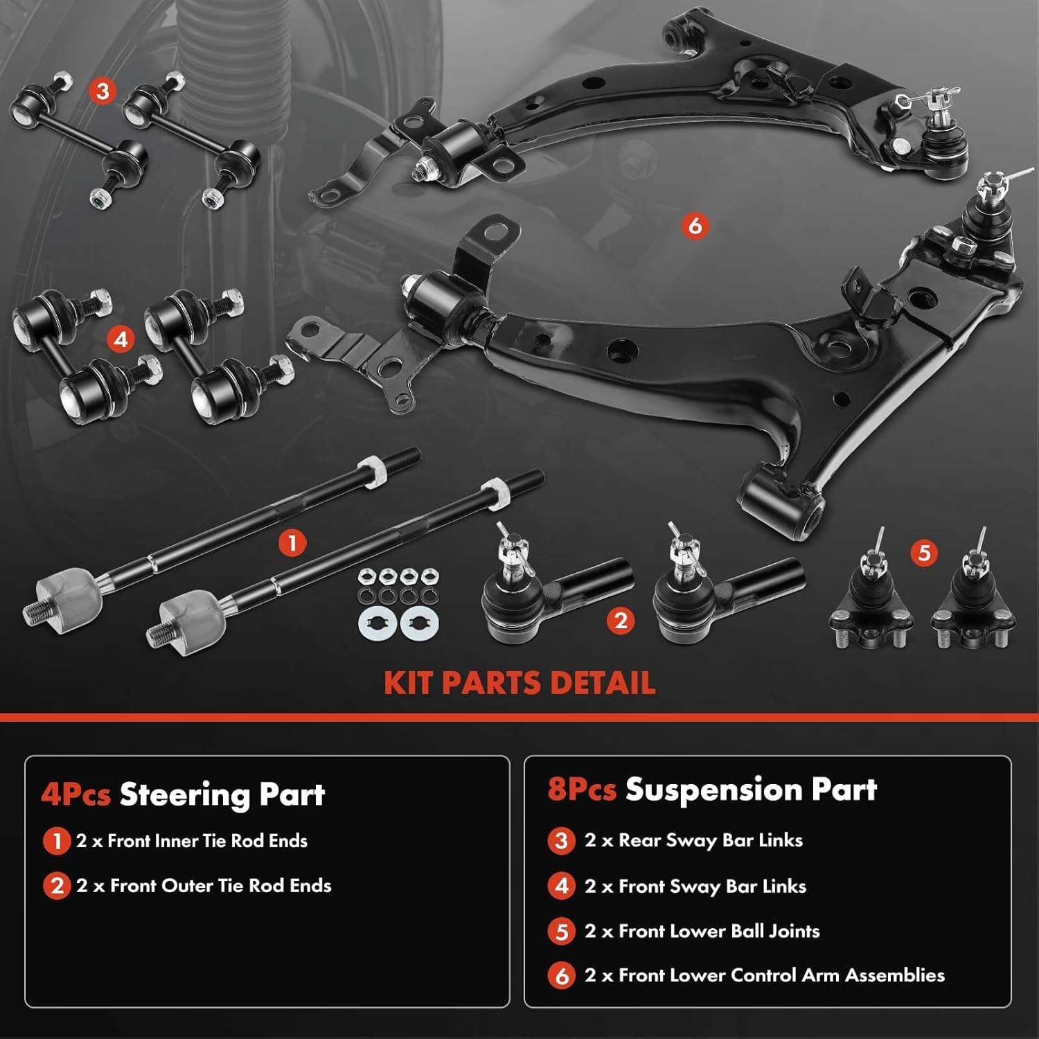 A-Premium Set of 12, Front Lower Control Arm, Lower Ball Joint, Inner Outer Tie Rod End, Front & Rear Sway Bar Link, Compatible with Toyota Corolla 1993 1994 1995 L4 1.8L, FWD Only