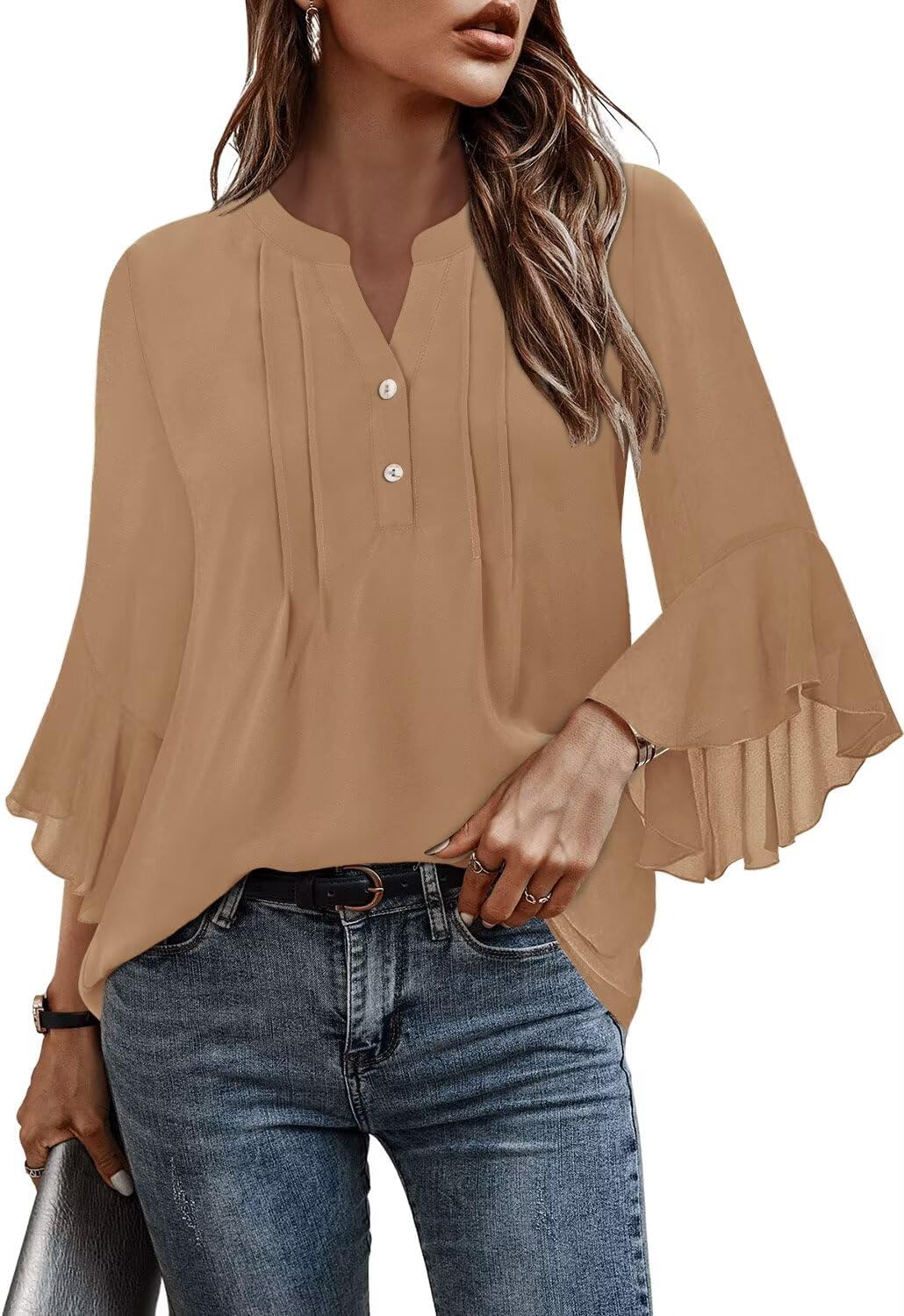 Angerella Womens 3/4 Sleeve Dressy Casual Top Trendy Shirts V Neck Business Work Chiffon Blouses