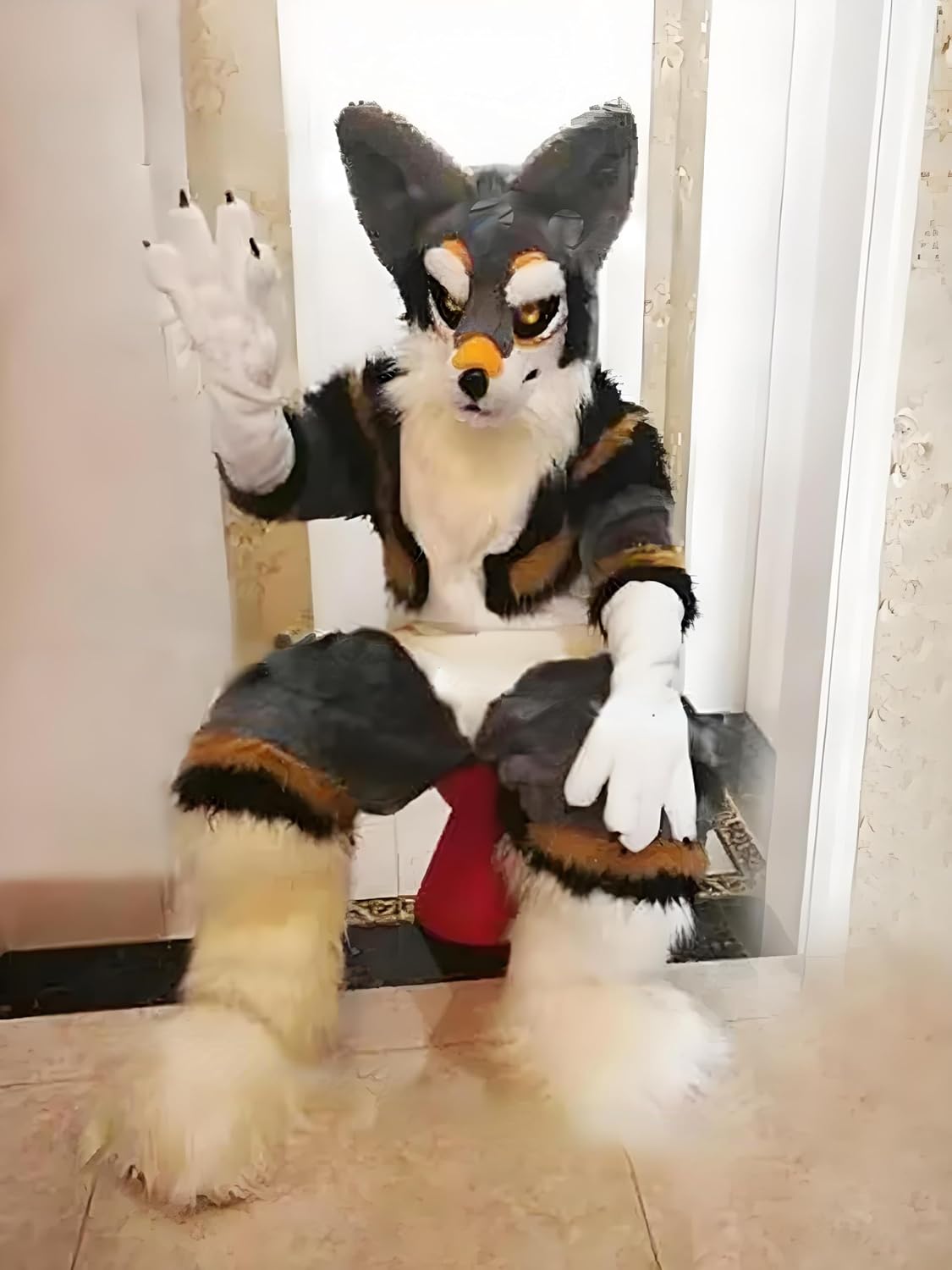 Grey Black Long Fur Husky Fox Dog Mascot Costume Cartoon Theme Character