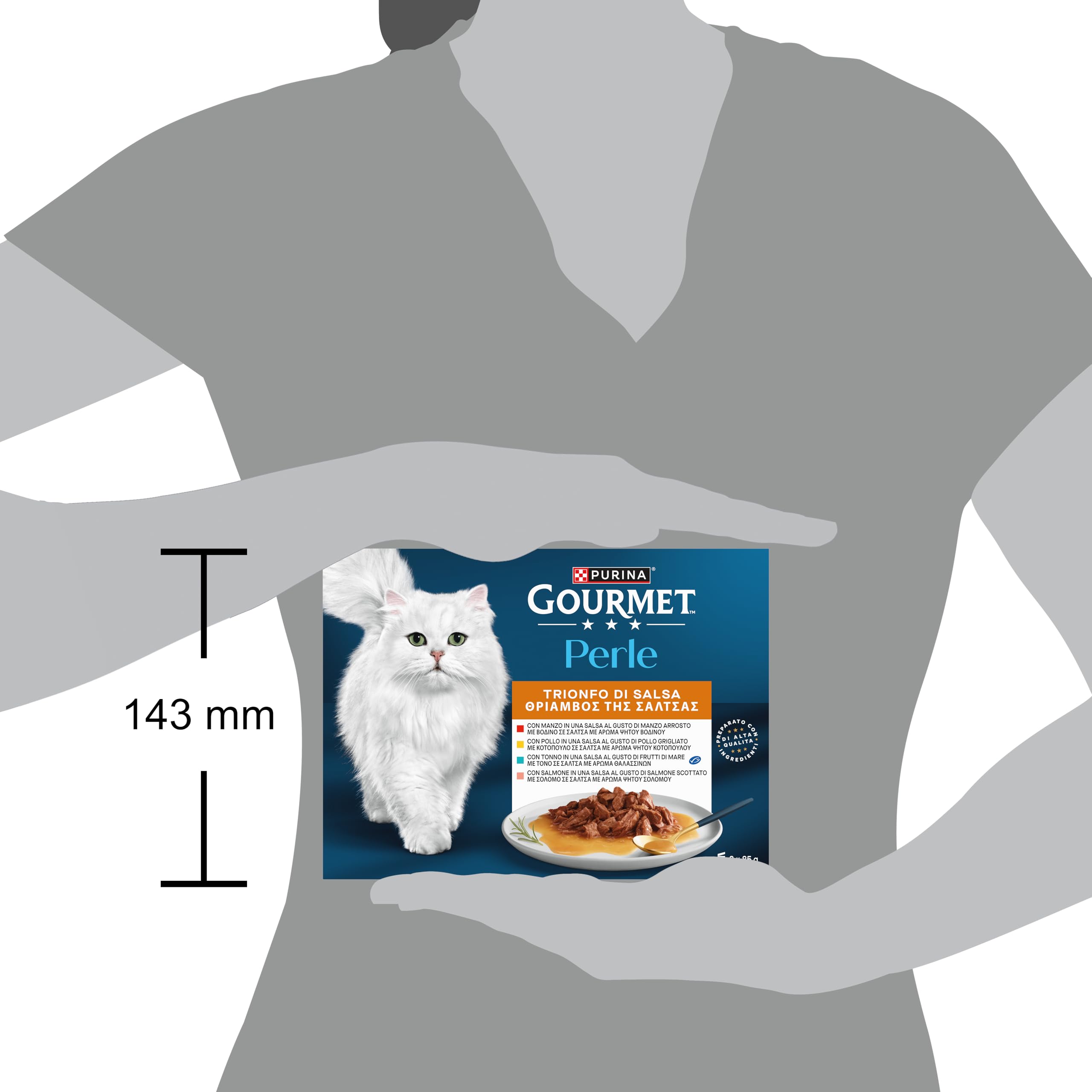 GOURMET Perle Cibo Umido per Gatti Adulti Bocconcini in Salsa con Manzo, Pollo, Tonno e Salmone - 80 Bustine da 85 g