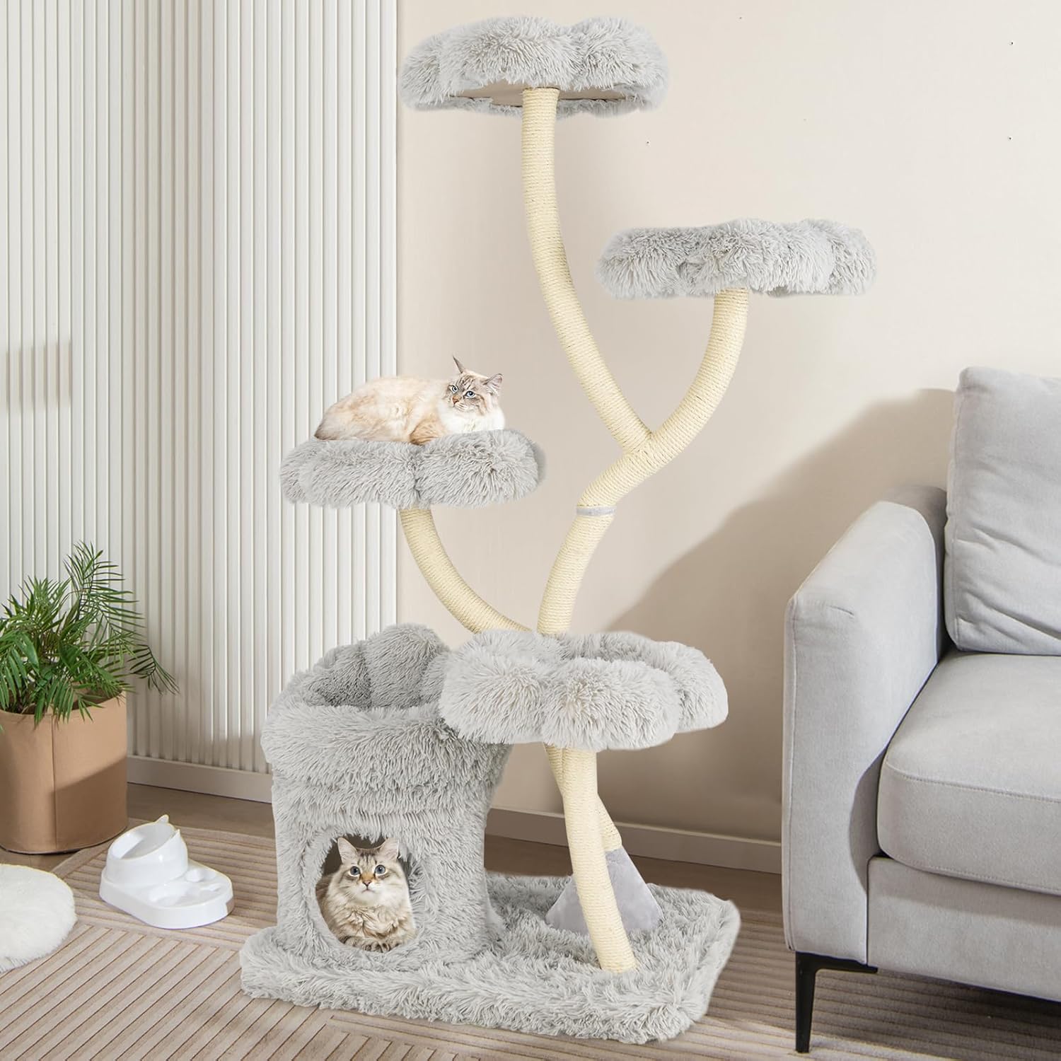 Tangkula Cat Tree Tower, 65 Inch Tall Cat Tower with Sisal Scratching Posts, Flower-Shaped Platforms, Padded Cat Condo, Modern Cat Tree for Indoor Cats Large Adult (Gray)
