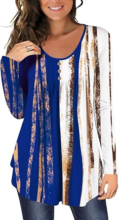 BeadChica Womens Casual Tunic Tops To Wear With Leggings Long Sleeve Floral Henley Blouses Botton Up Shirts-Print-L White Blue Stripe