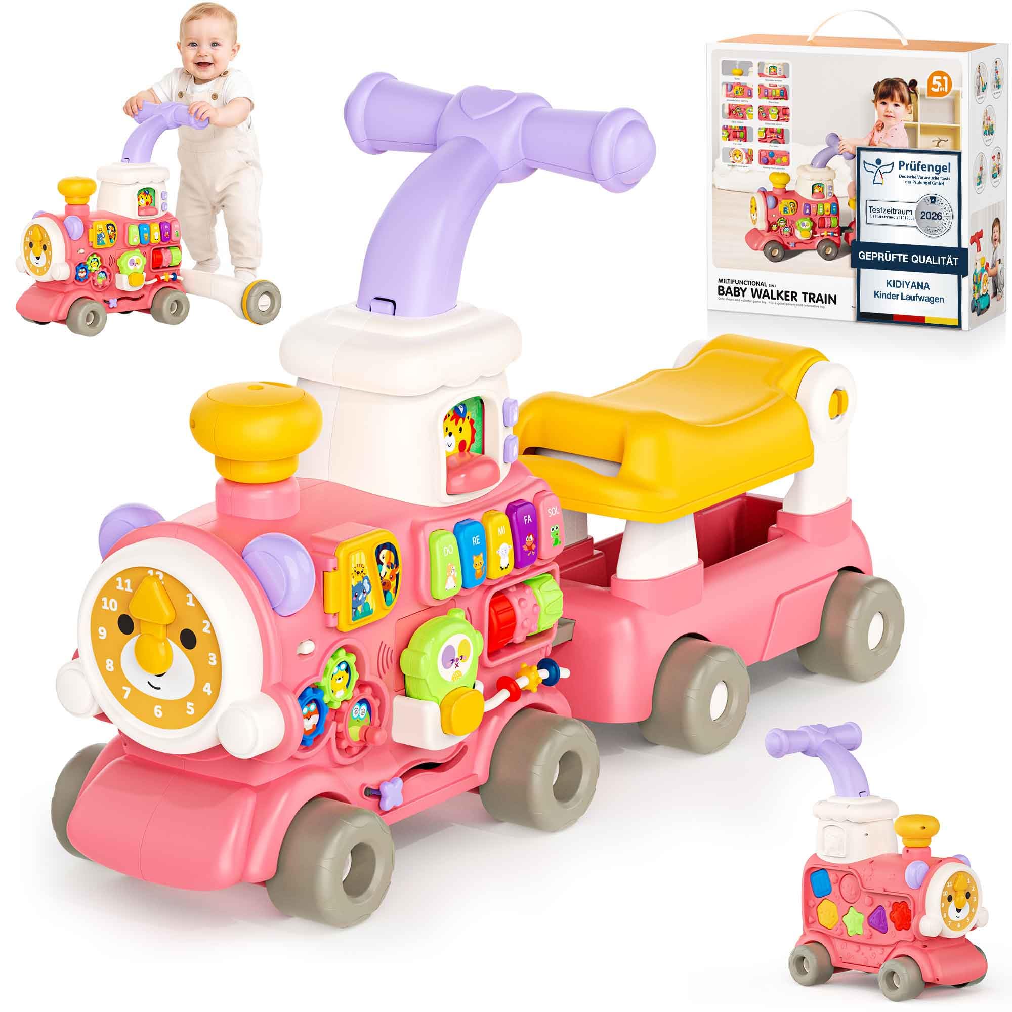 Wielofunkcyjny wózek do nauki chodzenia 5 w 1 od 6 miesięcy, pociąg Baby Walker z centrum aktywności, muzyką i funkcją rozpylania, interaktywna pomoc w nauce chodzenia, zabawka przesuwna