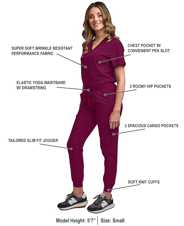 Green Town Scrubs for Women Scrub Set - Jogger Pant and Tuck-In V-Neck Top, 5 Pockets, Yoga Waistband, Nursing Uniform-Wine-Medium by Green Town - Used condition - Image 2