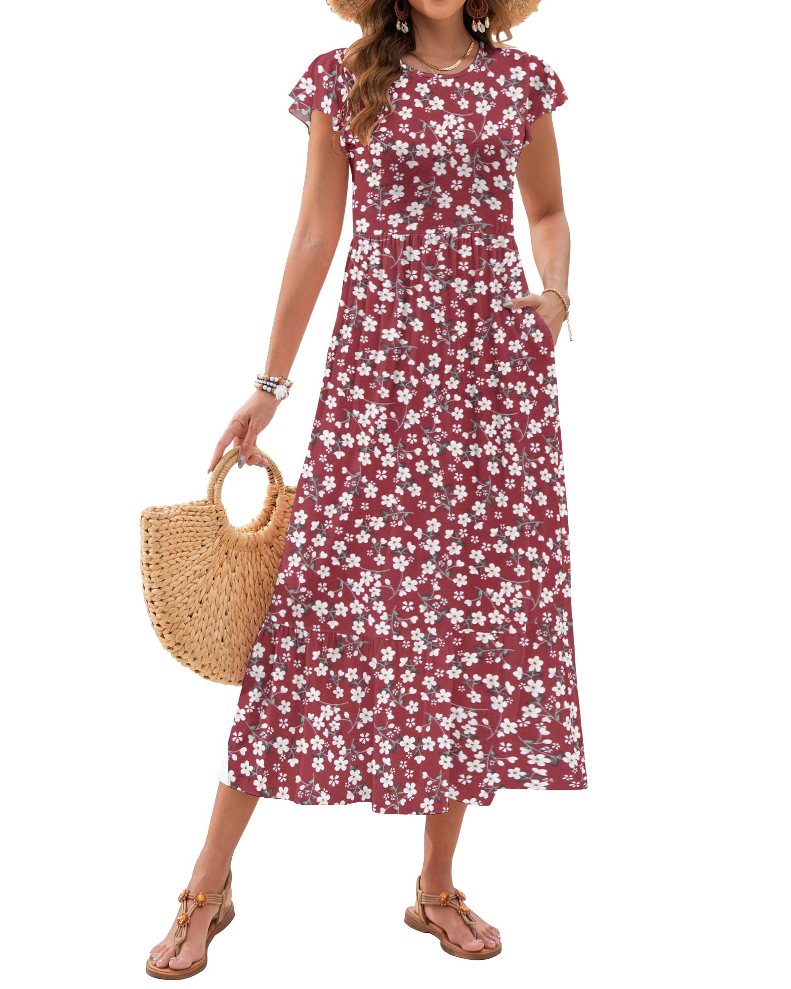 AUSELILY Womens Summer Maxi Dresses 2026 Casual Ruffle Sleeve Crewneck Loose Flowy Tiered Beach Sundress with Pockets
