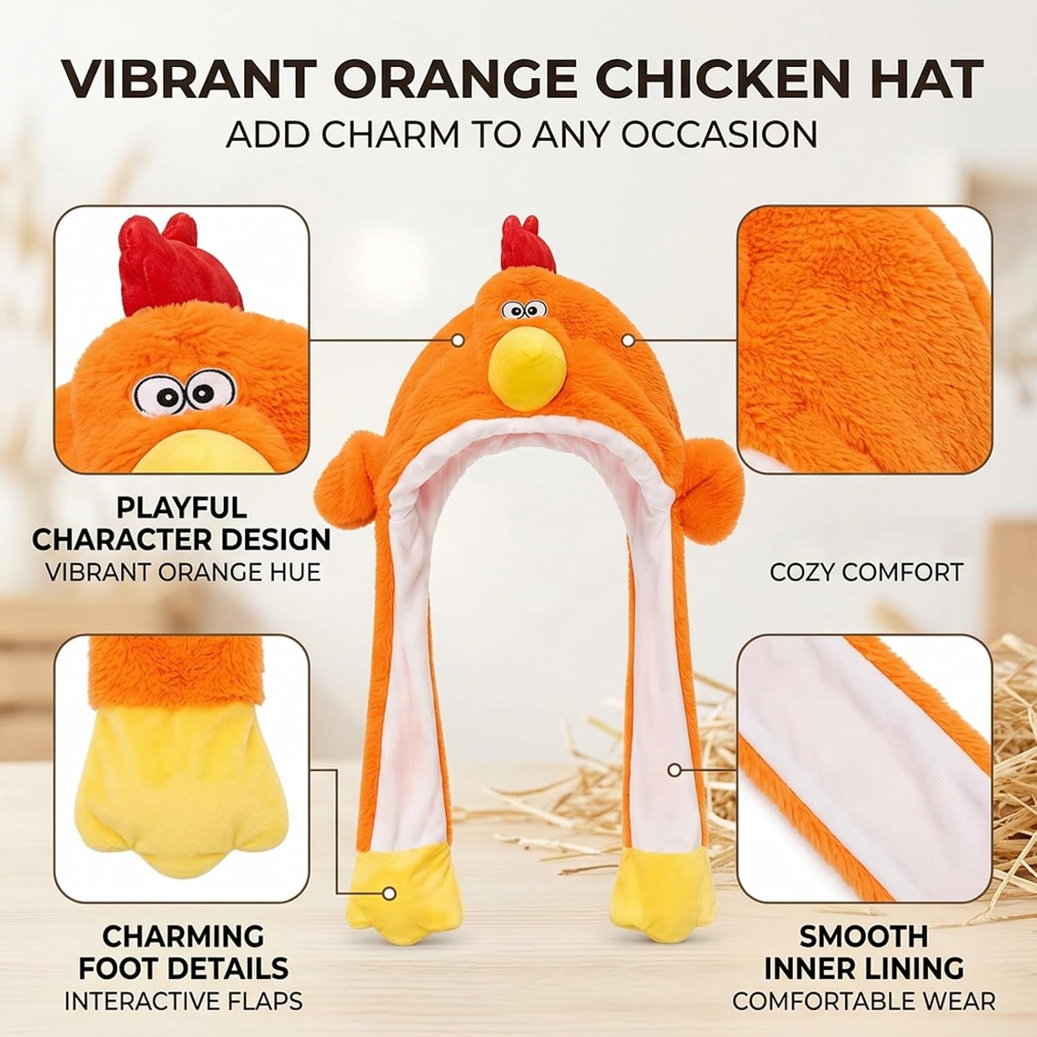 Chicken Hat, Rooster Hat for Adults, Fun Costume Accessory for Halloween Parties and Themed Events, Orange Fabric Chicken Hats for Children and Young Adults