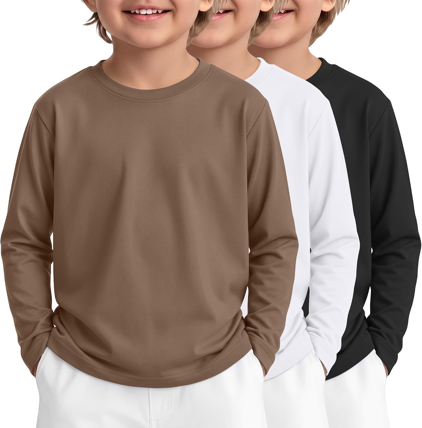 3 Pack Toddler Boys Long Sleeve Shirts Crew Neck Loose Fit Tees Baby Casual Undershirts Clothes Size 18M-5T