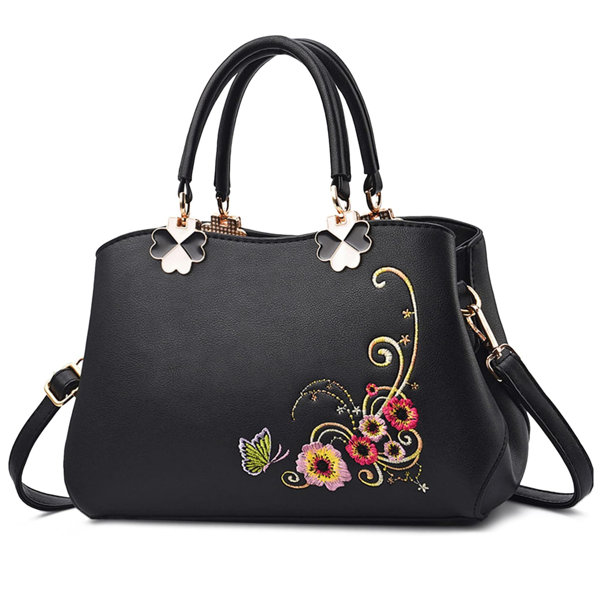 Borsa a Mano Piccola Donna Con Ricami Floreali - Elegante Borsetta a Spalla in Pelle PU - Tracolla per Shopping, Lavoro, Incontri - Crossbody Nero C