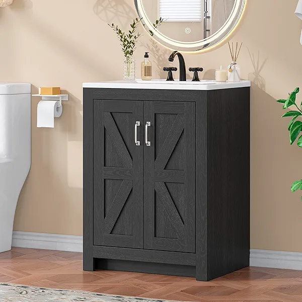 ONBRILL Farmhouse Bathroom Vanity with Sink, Freestanding Bathroom Vanities with Ceramic Basin & Soft-Close Door, Wood Cabinet with Adjustable Shelf for Apartment & Small Space (Black, 24")