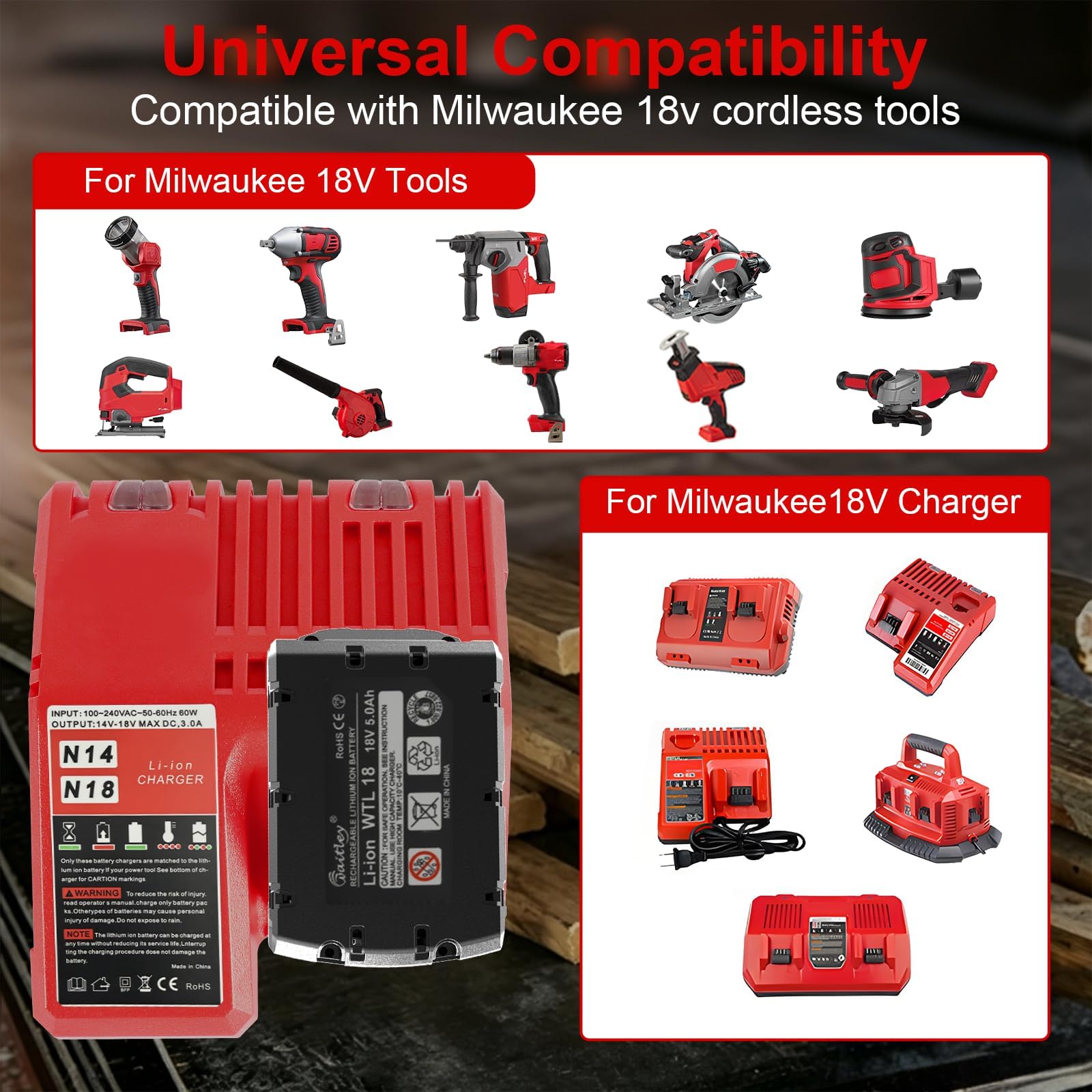 Powarobor 2X M18B5 18V 5,0Ah Batterie & Chargeur Kit pour Milwaukee M18 | 48-11-1850/48-11-1820/1828/1840/1860,Compatible avec les outils sans fil Milwaukee M18 18V