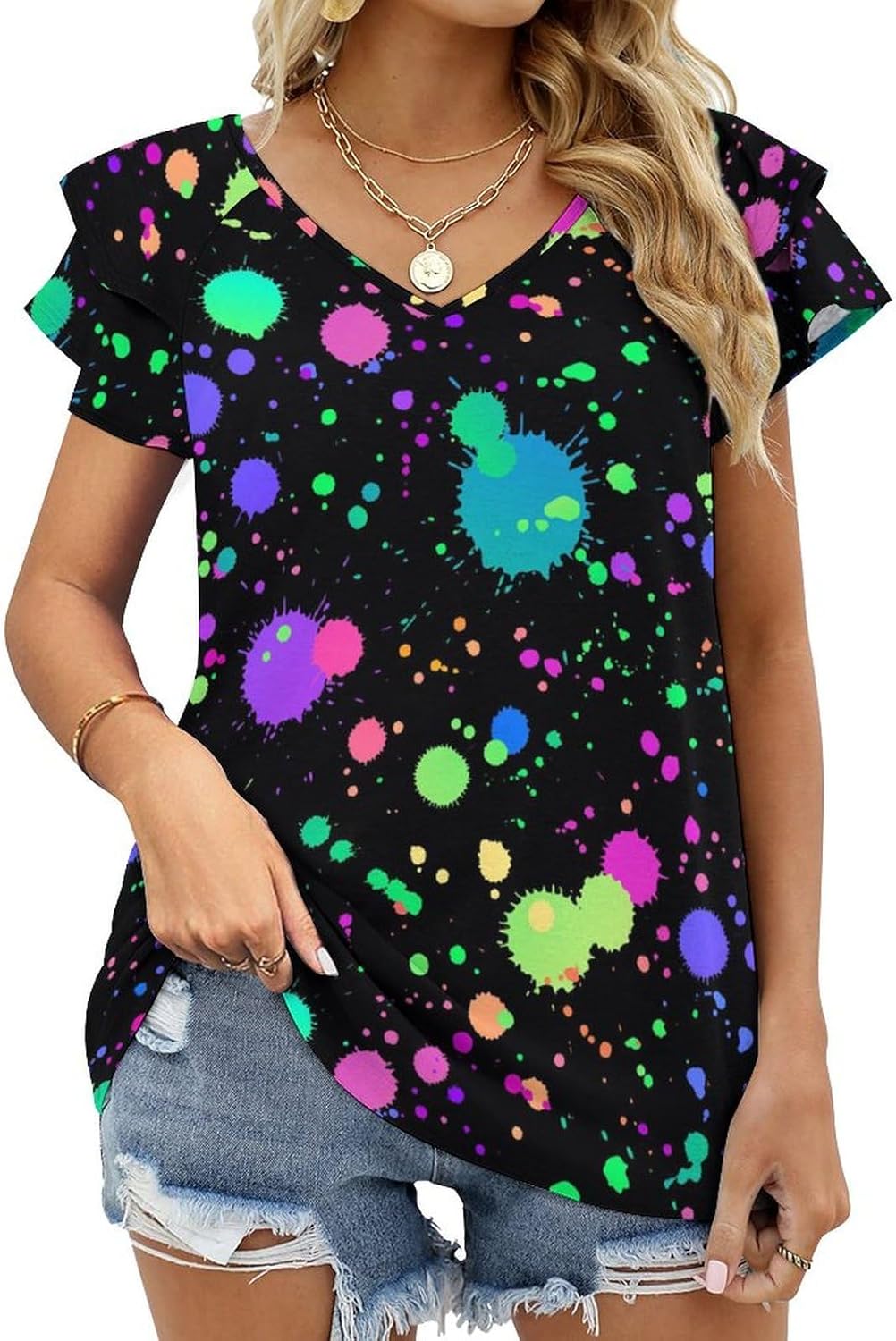 Glow in Dark Splatter Neon Women's Short Sleeve Shirt Tops Loose V-Neck Ruffle Tees Summer Beach Blouses