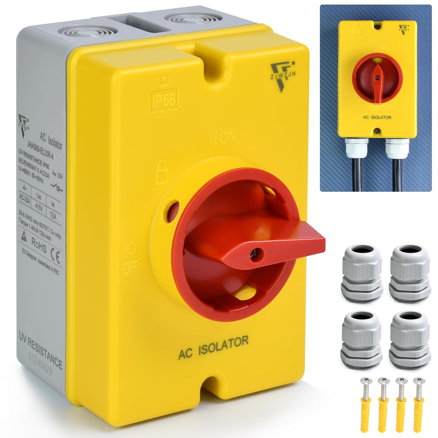 32 Amp Disconnect Switch IP66 Waterproof 690V AC Disconnect 30Amps Electric Switch for Machines On Off Combiner Box 4 Pole for PV Systems