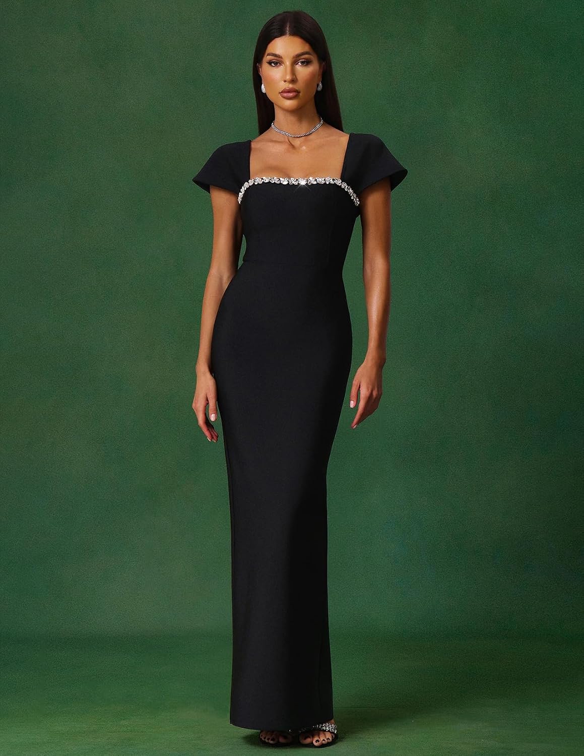 Summer Maxi Short Sleeve Square Neck Evening Dress Charming Diamante Neckline Back Slit Date Night Dress for Women