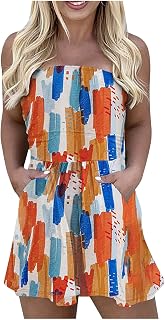 Women's Strapless Rompers, Floral Jumpsuits Summer Outfits for Women 2023 Vacation Casual Sleeveless Smocked Romper Shorts