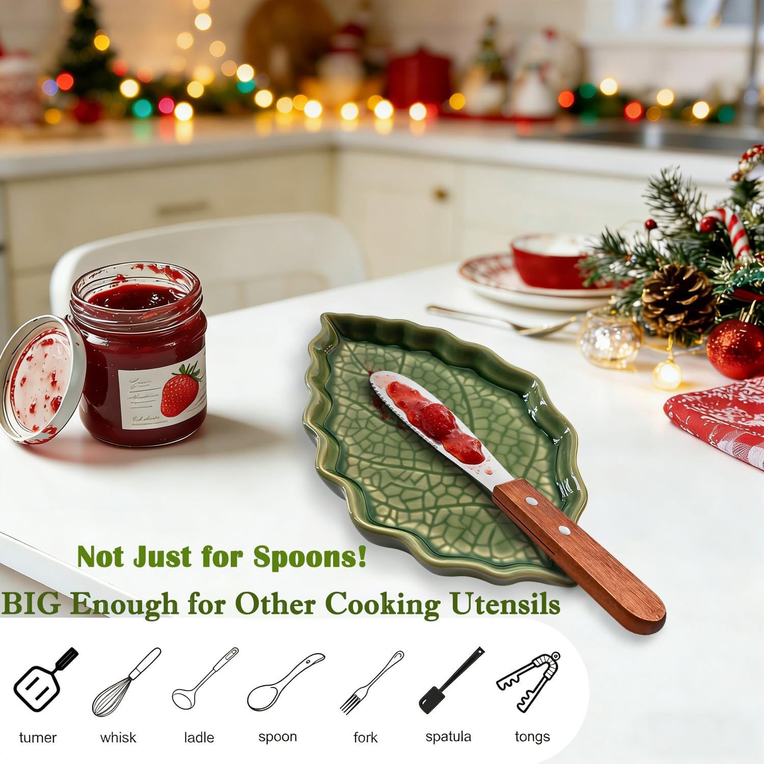 Ceramic Spoon Rest for Stove Top - Cute Green Leaf Shaped Spoon Rest/Spoon Holder for Cooking, Coffee Spoon, Large Porcelain Spatula Rest for Kitchen Counter, Farmhouse Kitchen Decor (Green)