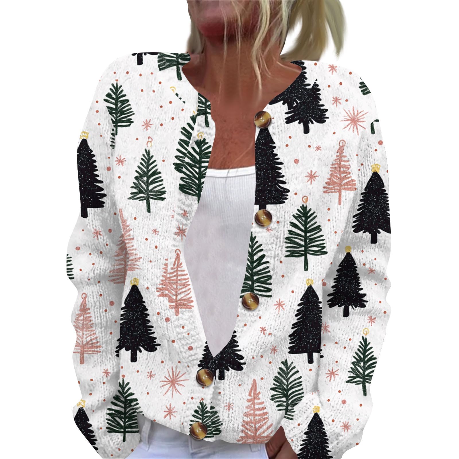 Womens Christmas Sweater Plus Size Cardigan Casual Button Knit Sweater Winter Long Sleeve Festive Xmas Snowflake Coat