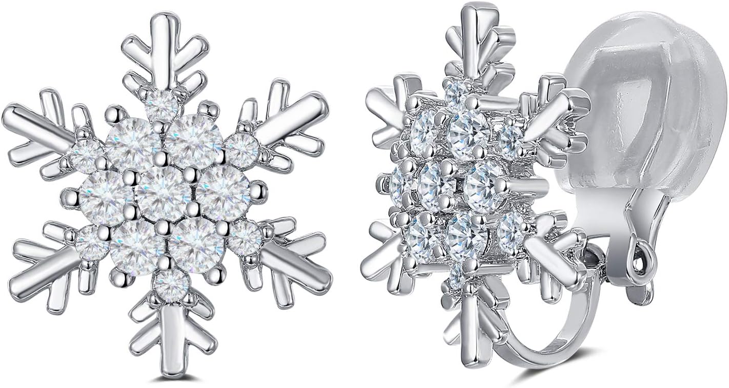 SELOVO Winter Snowflake Zircon Clip on Stud Earrings Cubic Zirconia