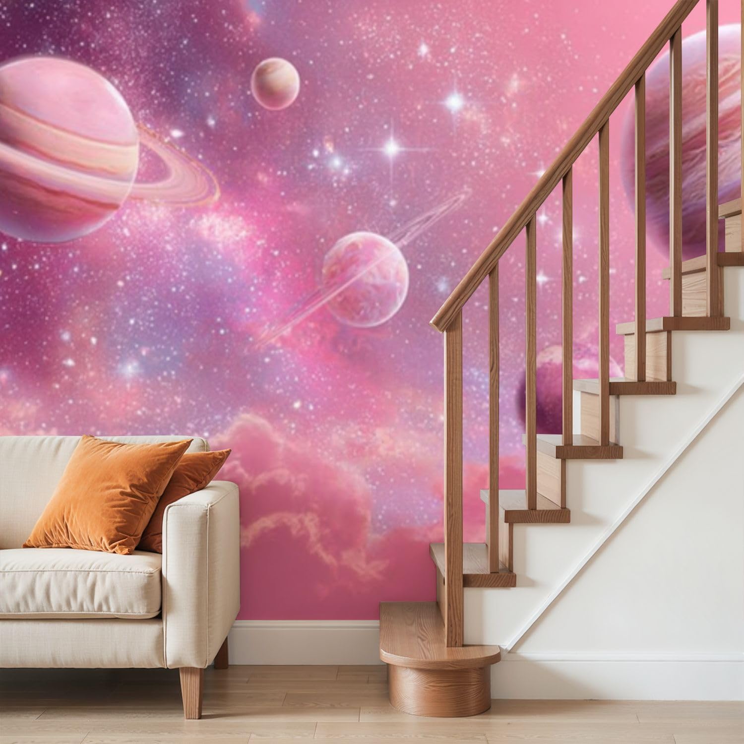 Wall Mural Peel and Stick Pink Cosmic Planets Stars Dreamy Galaxy Sky Wallpaper Self Adhesive Removable Large Wall Stickers Home Decor for Living Room Bedroom 100"x144"