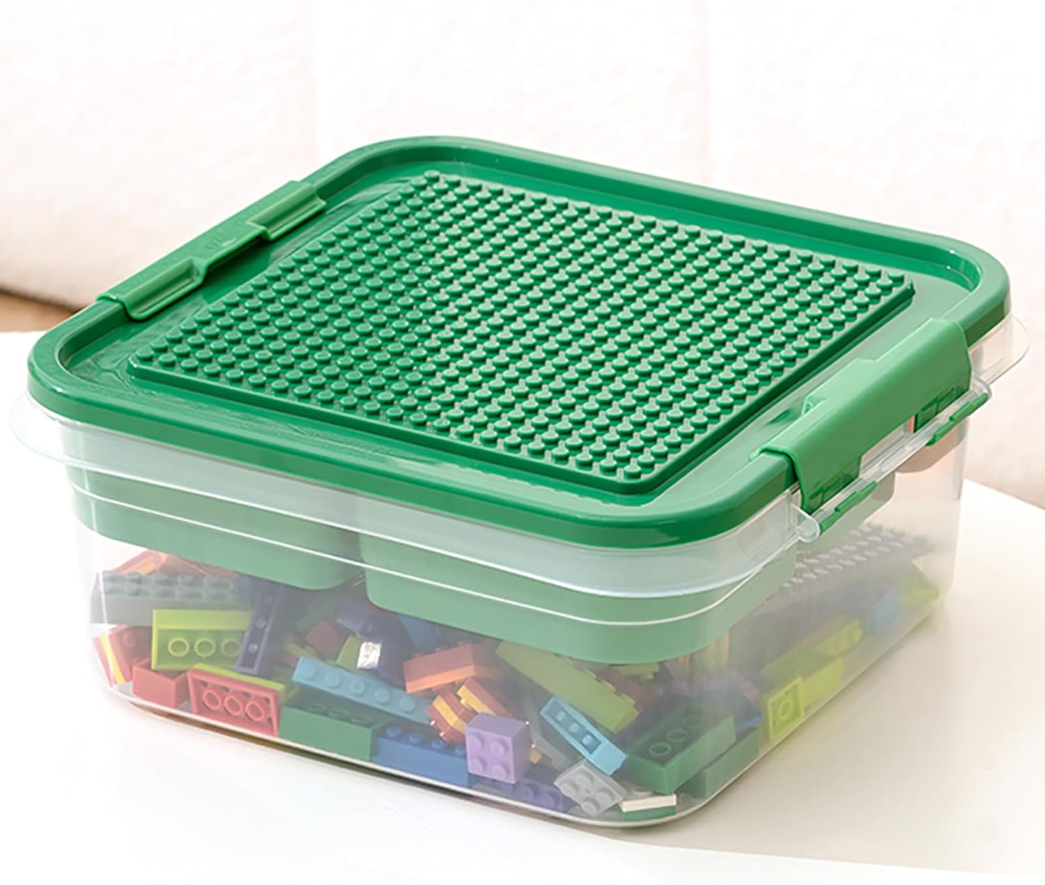 toys storage organizer bins for lego, building blocks storage with building baseplate lid, storage containers for building brick storage plastic stackable organizer bin toy chest green