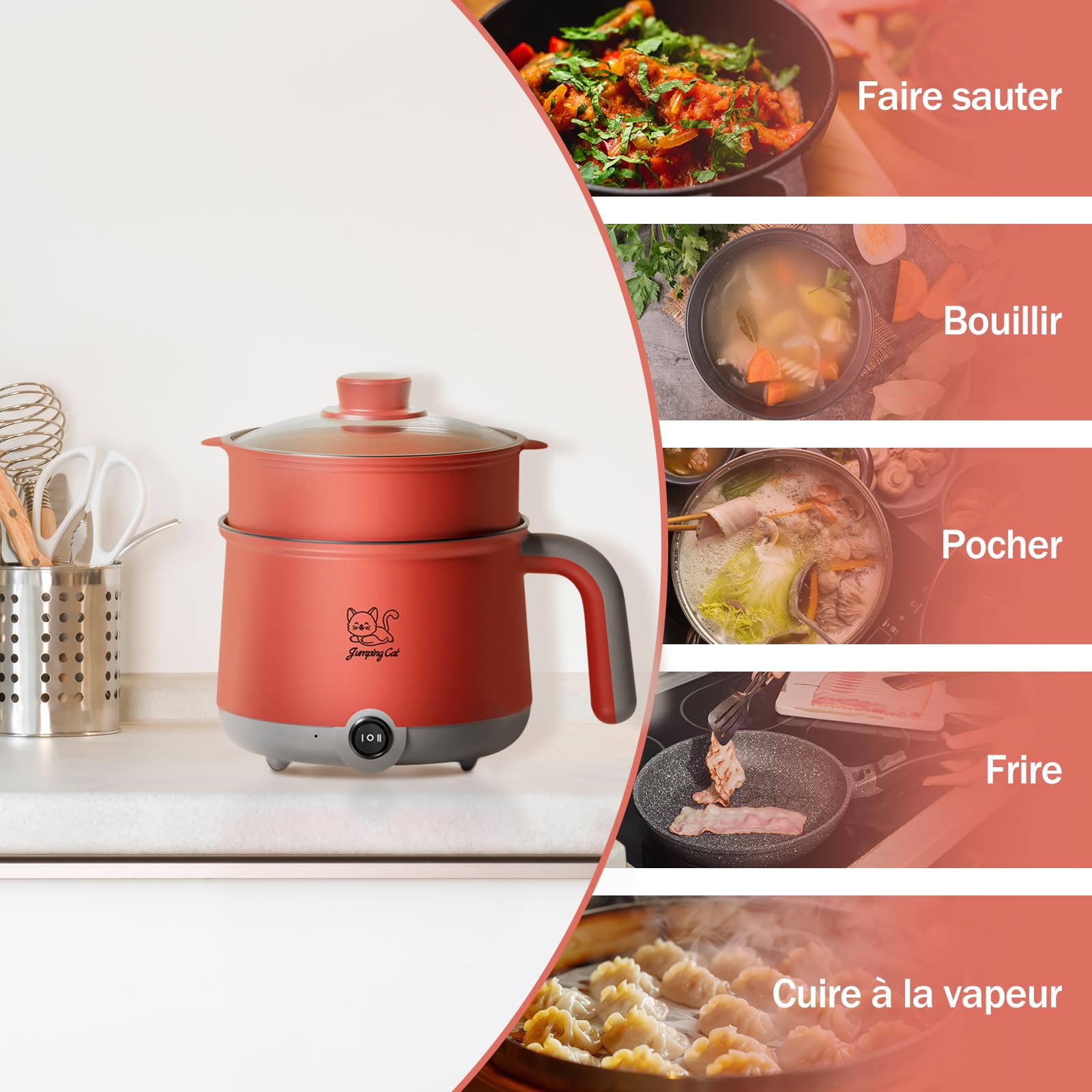 LOVIVER 1,8 L Mini Cuiseur à Riz Électrique Cuiseur Vapeur Electrique Cuiseur de Riz Multifonctionnel Mini-Cuiseur Simple pour Cuisine,Dortoir, Gris Rouge