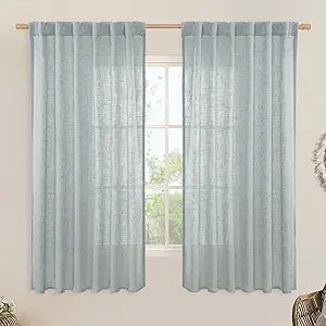 LAMIT Faux Linen Curtains 63 inches Long for Bedroom, Back Tab and Rod Pocket Linen Drapes Light Filtering Semi Sheer Curtains for Small Window/Farmhouse, 2 Panels (52 x 63 Inch, Greyish Blue)
