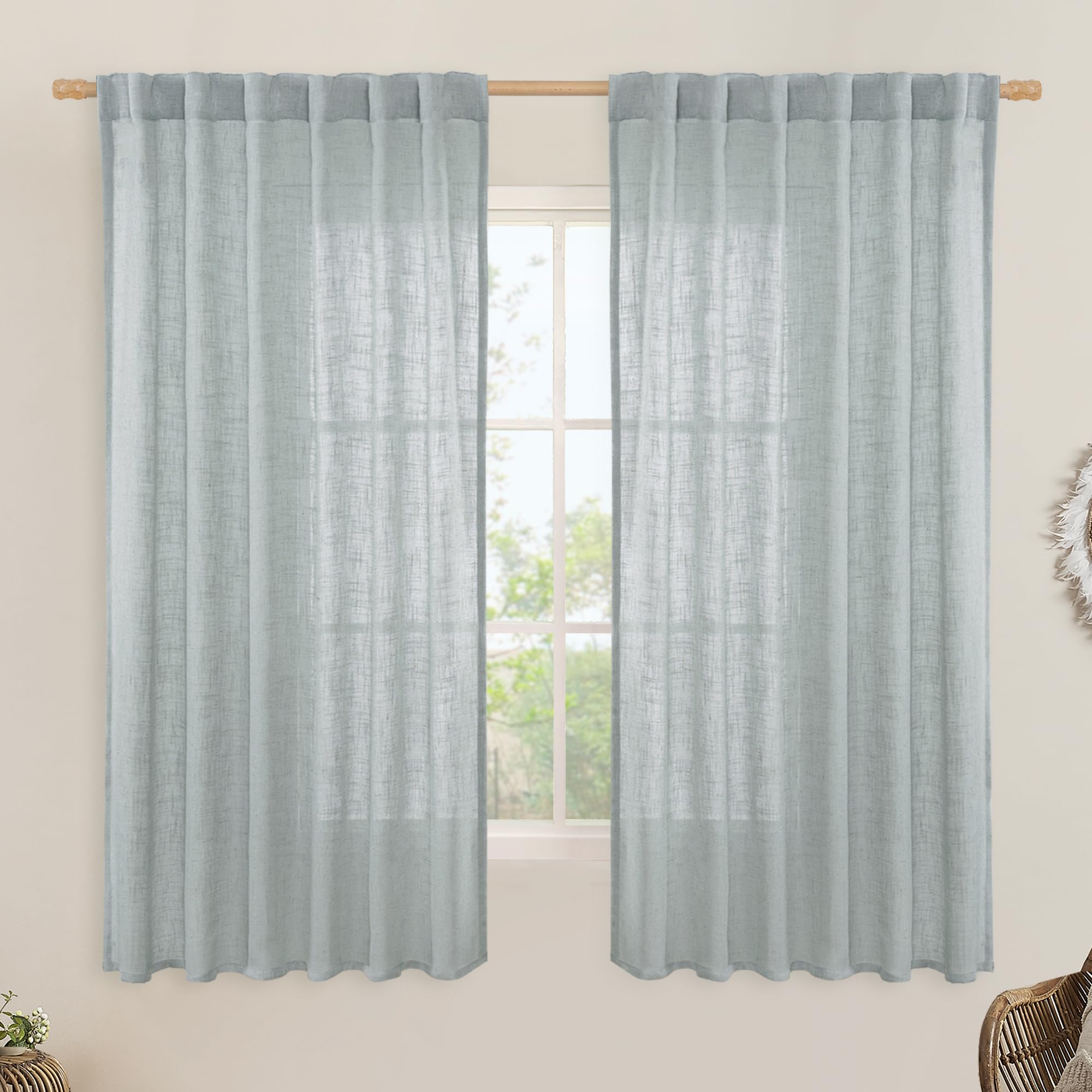 LAMIT Greyish Blue Semi Sheer Linen Curtains 60 Inch, 2 Panels