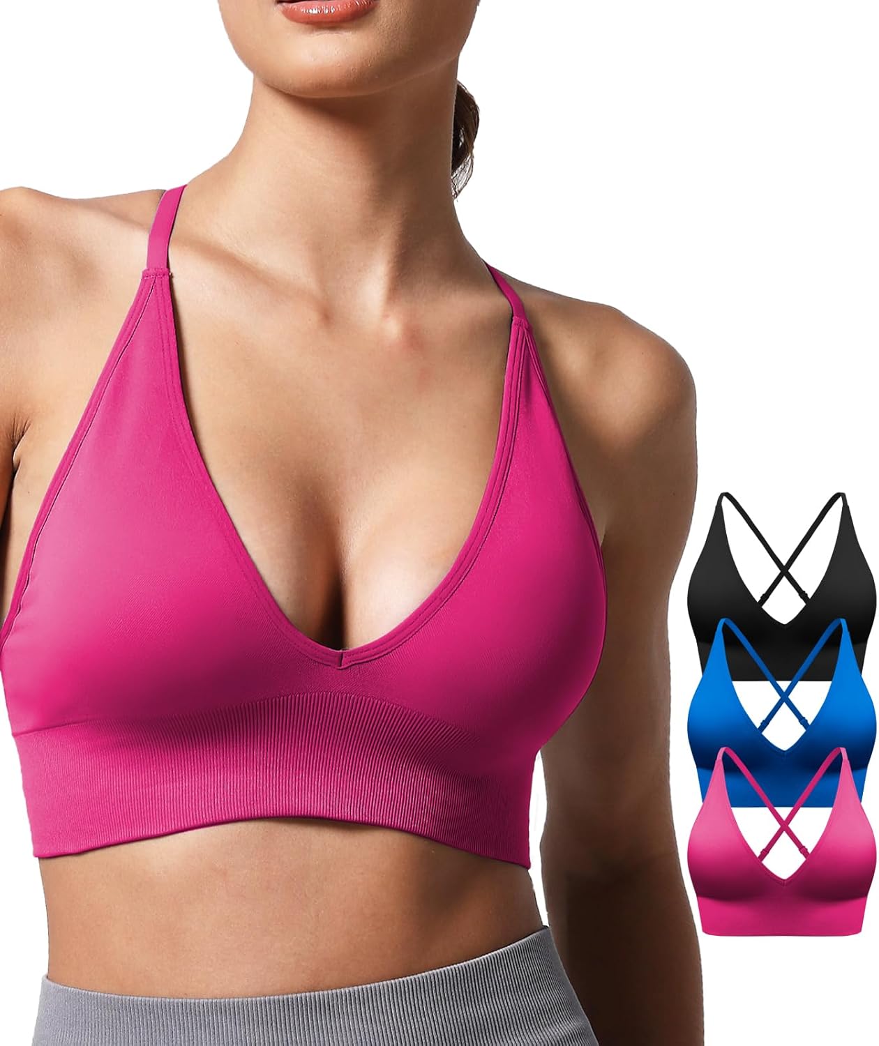 V Neck Adjustable Spaghetti Straps Sports Bra for Women, Padded Criss Cross Back Longline Yoga Bra Workout Crop Top Multipack