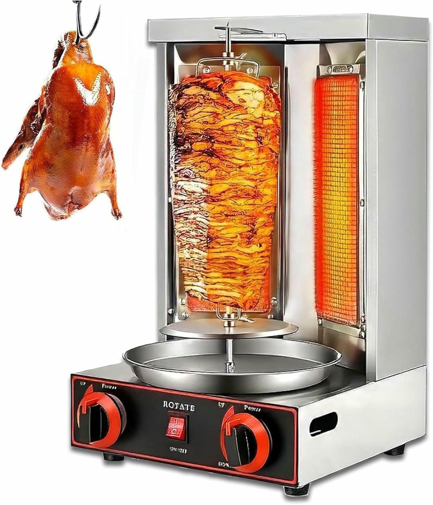 Máquina vertical de kebab, parrilla de gas de rotación automática, horno asador comercial y doméstico con 2 quemadores para kebabs perfectos, fácil operación y cocción versátil