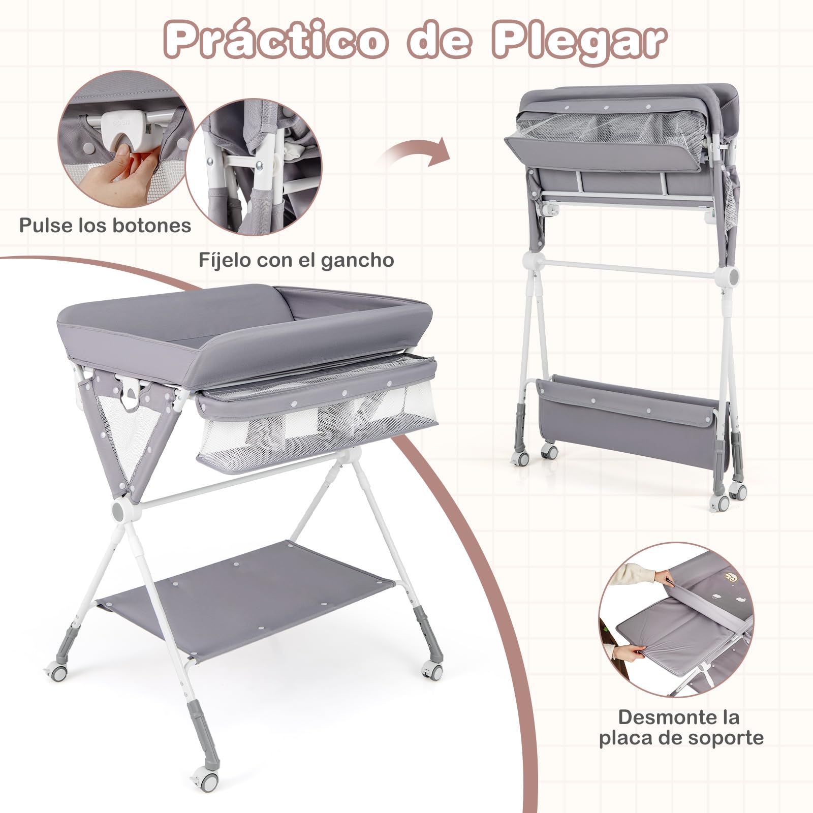 COSTWAY Cambiadora Bebé Portátil, Cambiador Plegable con Altura Ajustable de 3 Niveles, Organizador Móvil para Recién Nacidos con Cesta, Toallero, Estante y Ruedas Universales con Freno (Gris)