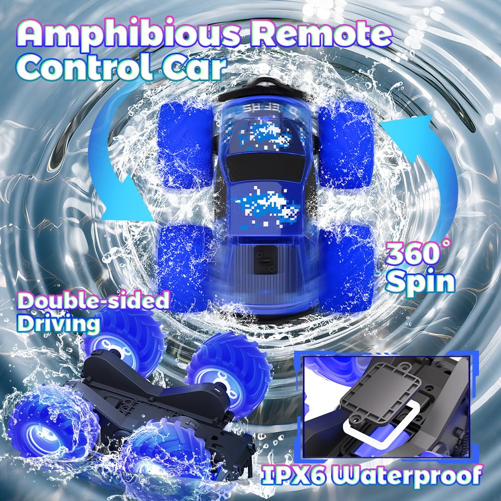 Amphibious Monster Truck Toy, Waterproof Remote Control Car, 4WD Off-Road RC Truck with Colorful Light, RC Stunt Car Toy for 4-7 8-12 Year Boy Birthday Gift Present