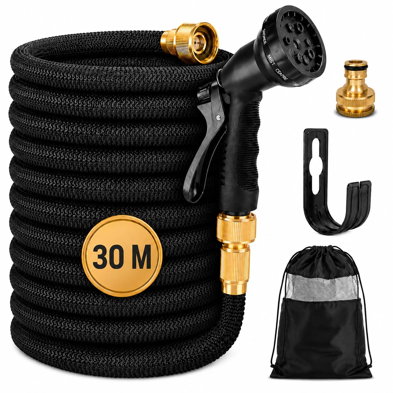 Manguera Extensible Jardín 30 m con Pistola de Riego Premium de 8 Modos, Conectores de Latón .Resistente y duradeea. Manguera agua flexible Reforzada Antifugas Alta Presión