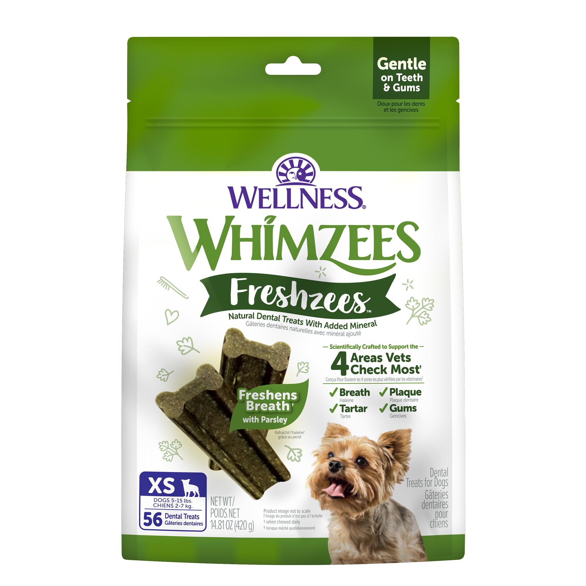 Wellness WHIMZEES Freshzees Natural Dog Dental Treat, Soft Chews, Freshens Breath, Extra-Small Size, 14.81 oz Bag, 56 Count