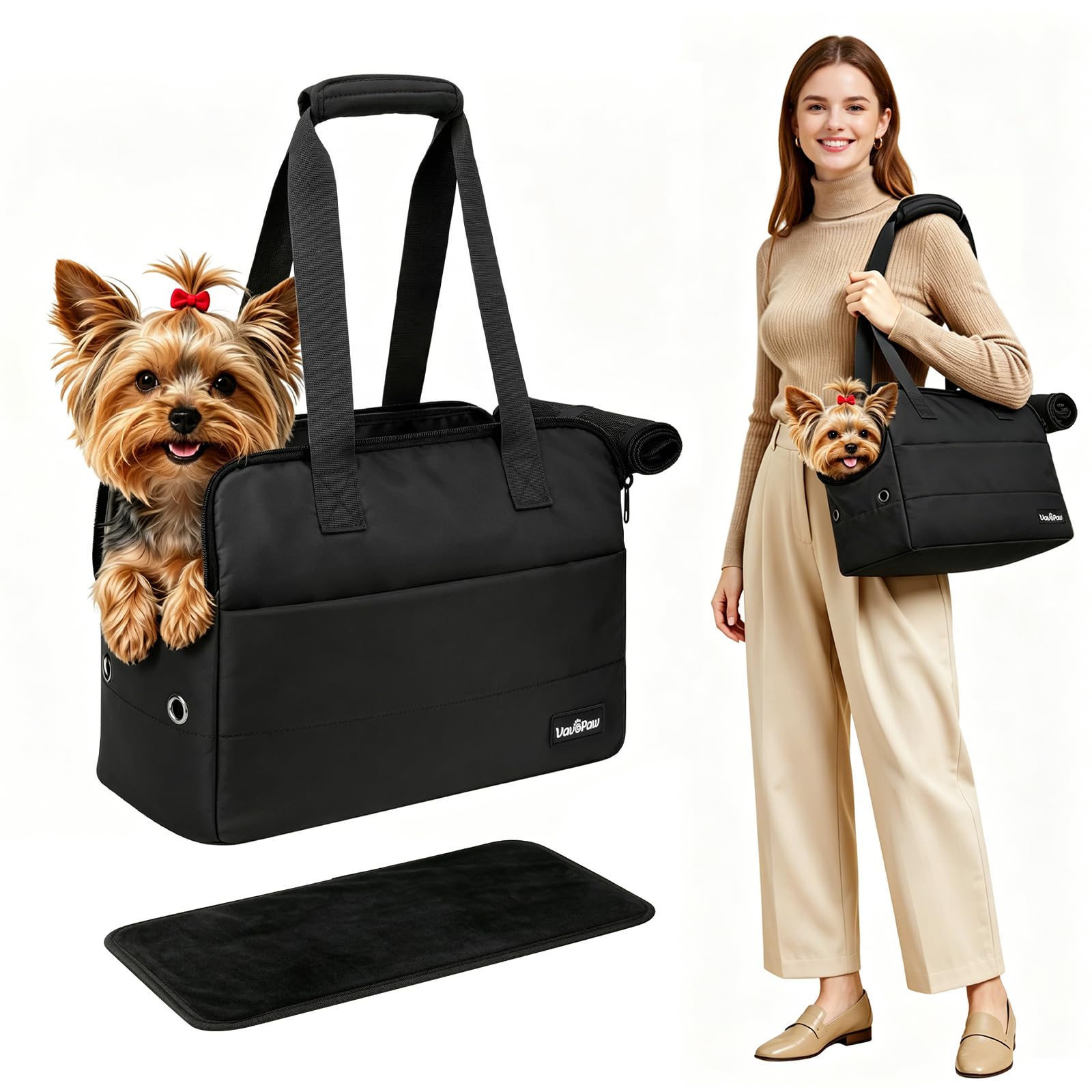 Bolso Transportín para Perros Pequeños, 15" X 11" X 7,9" Transportín De Viaje para Mascotas con Almohadilla De Apoyo, Ganchos De Seguridad, Múltiples Bolsillos, Transportín Blando para Gatos, Negro