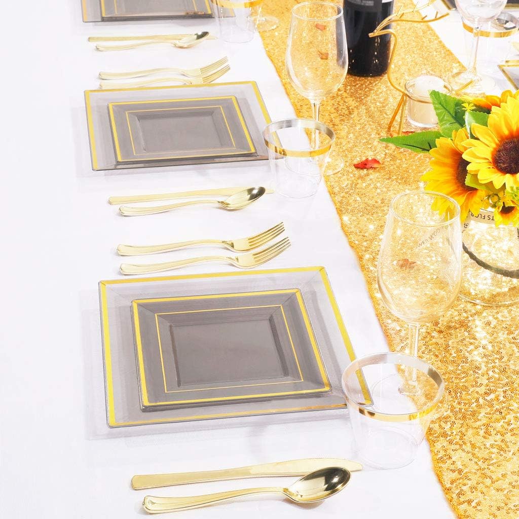 Flаѕh Sаlе Buу 1 gеt 1 WELLIFE 150 PCS Clear Black Plastic Plates with Gold Rims, Disposable Silverware and Cups, Gold Square Plastic Dinnerware, 25 Dinner Plates, 25 Dessert Plates, 25 Cups, 25 Forks, 25 Knives, 25 Spoons