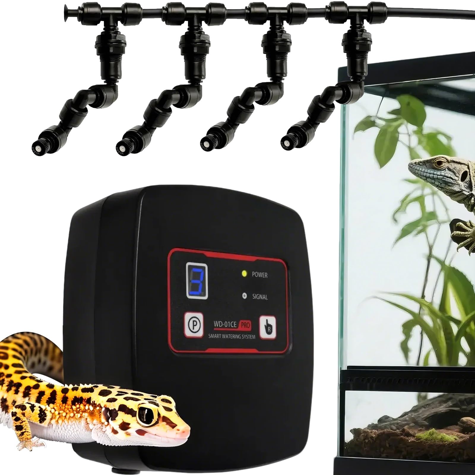 Humidificador Inteligente para Geckos Leopardo, Terrarios para Mascotas Tropicales, Nebulizador Automático para Reptiles con Temporizador.(4 Nozzles)