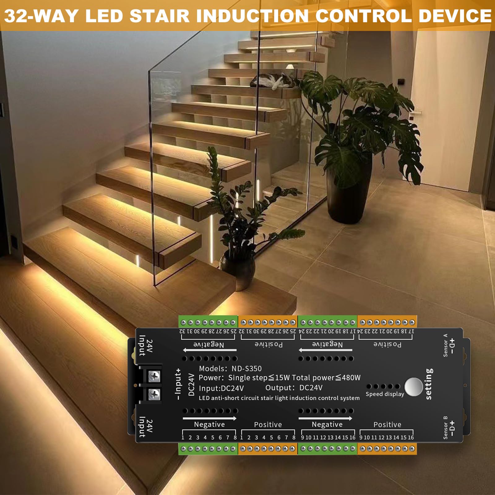 LED-Treppenstufenbeleuchtung Controller mit Bewegungsmelder,DC 24V LED Treppenlicht Controller Kurzschlussschutz