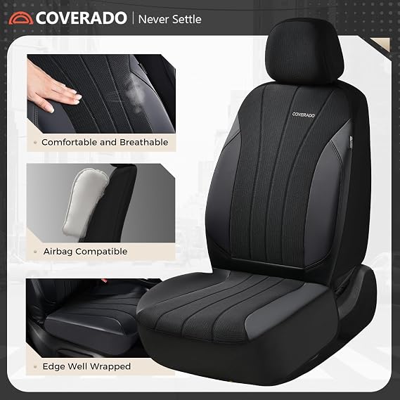 Coverado Car Seat Covers Full Set, Automotive Seat Covers 5-piece, Leather Car Protectors 5 Seats, Black Auto Seat Covers Spill-Proof Design Universal Fit for SUV, Vans, Sedan, Truck