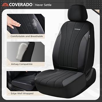 Coverado Car Seat Covers Full Set, Automotive Seat Covers 5-piece, Leather Car Protectors 5 Seats, Black Auto Seat Covers Spill-Proof Design Universal Fit for SUV, Vans, Sedan, Truck