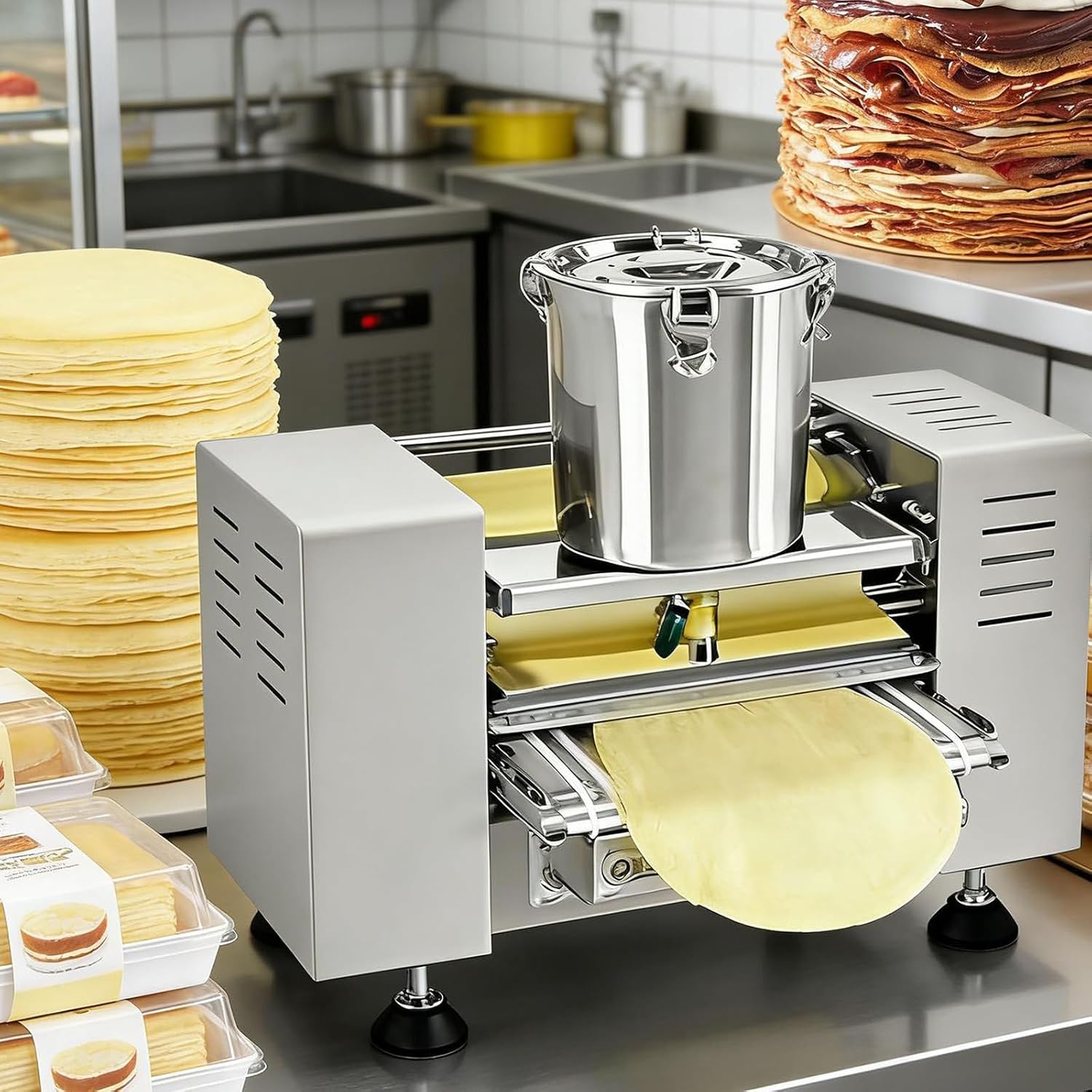 Heavy Duty Commercial Crepe Machine,Multi-function Pancake Maker for Mille Crepe Cake Skin,Thin Pancakes,Egg Wraps,2200W,Output 100-300 Crepes/Hour,Stainless Steel,For Food Production 8in