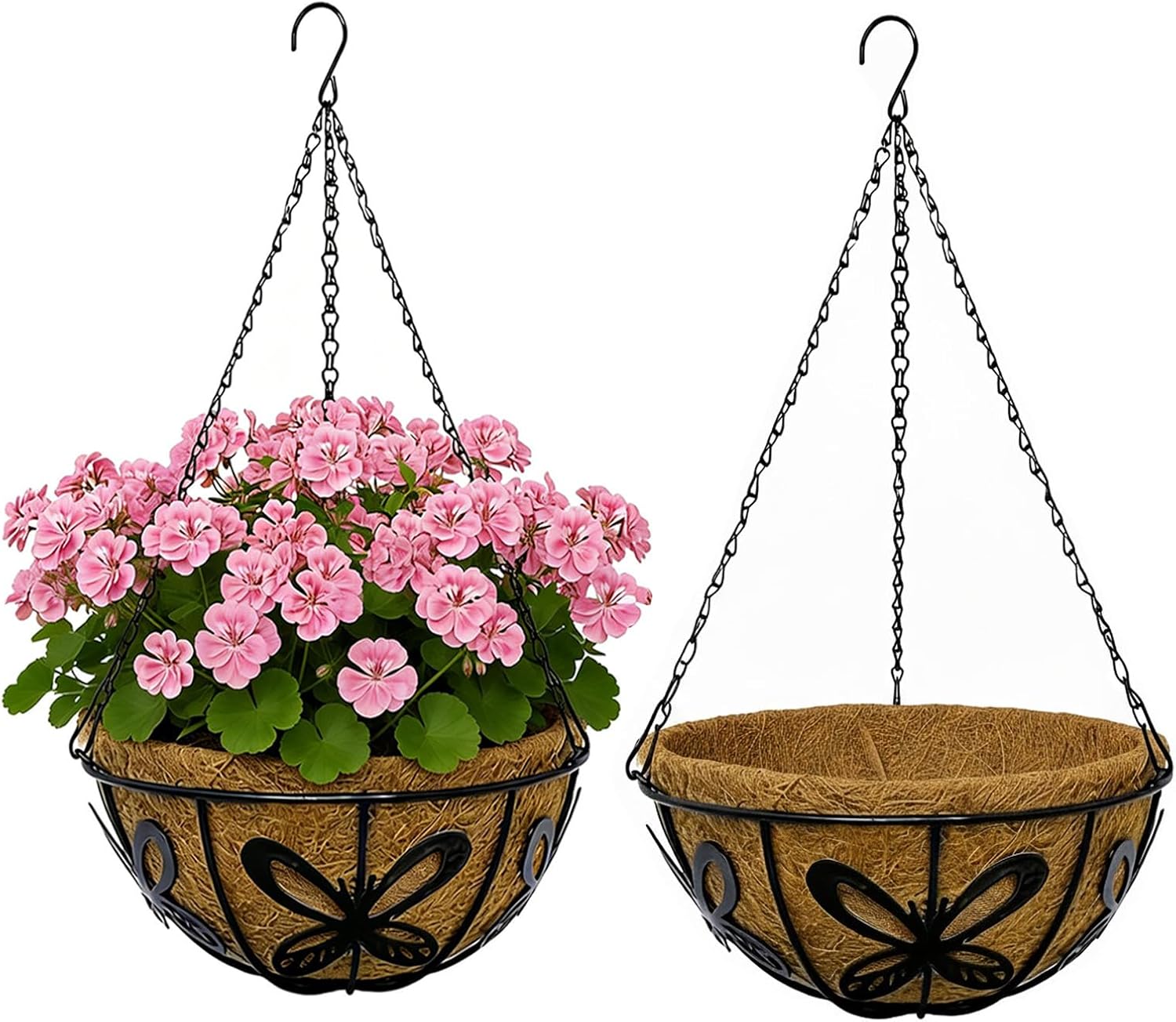 12 Inch Hanging Baskets for Plants Outdoor, 2 Pack Metal Wire Hanging Planters with Coco Coir Liners, Rust-Resistant Flower Basket with Chains & Hooks for Garden Patio Porch Deck Balcony