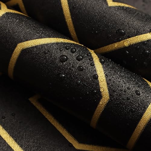 Miniatura 2 de Safiyya Papel tapiz geométrico dorado y negro, papel adhesivo texturizado, autoadhesivo, extraíble, para gabinetes, rollo de vinilo de 78.7 x 17.3