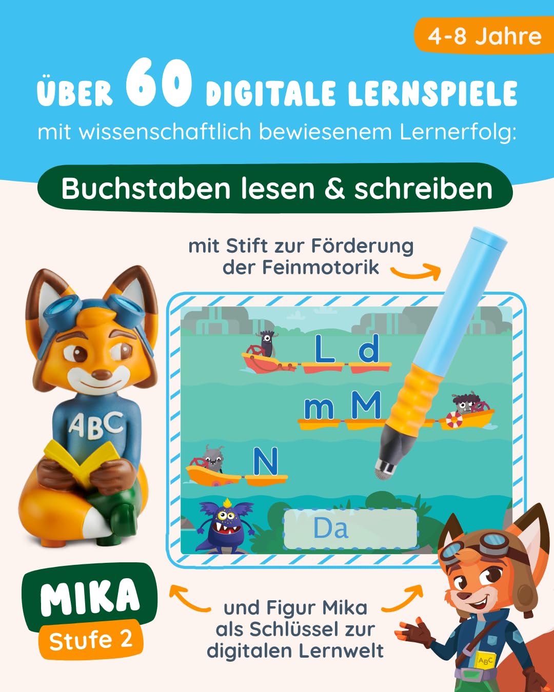 Edurino Starterset Mika ABC: Die Buchstaben Lesen & Schreiben (Stufe 2) ab 4 J. inkl. Eingabestift | Groß- und Kleinbuchstaben erkennen | Buchstaben richtig schreiben | Laute in Wörtern hören