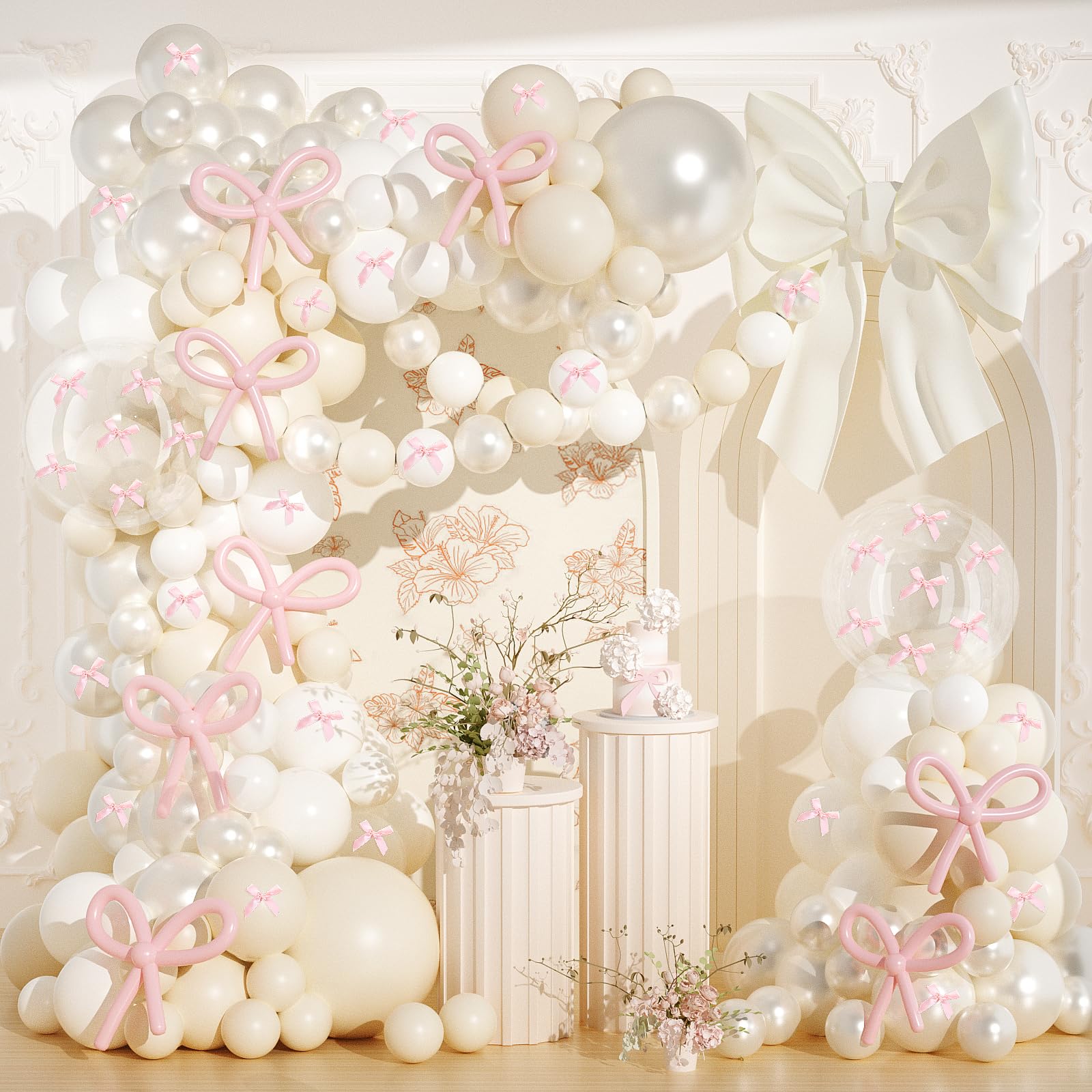 Pearl Balloon Arch Kit, JOGAMS 199Pcs White Bow Balloon Arch Kit with 260 Clear Balloons Pink Ribbon Bow for Coquette Bow Theme Birthday Baby Shower Wedding Bachelorette Bridal Shower Party