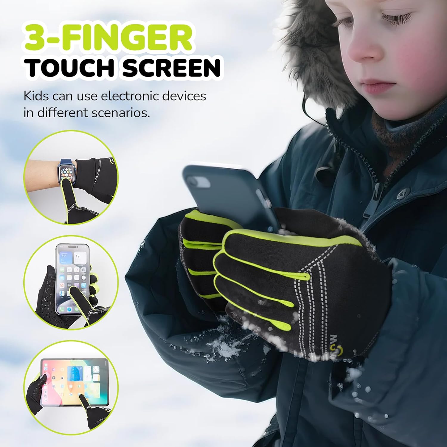 Winter Warm Kids Cycling Gloves - Cold Weather Touchscreen Glove for Childrens Riding Bike and Football Grip Anti-Slip Outdoor Ski Sports Gloves for Boys Girls 4-12 Year Old - Image 3