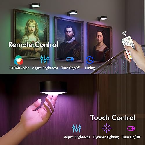 Miniatura 32 de Paquete de 3 luces de imagen para pared, luz LED recargable de pintura con control remoto regulable y temporizador, 3 modos de iluminación