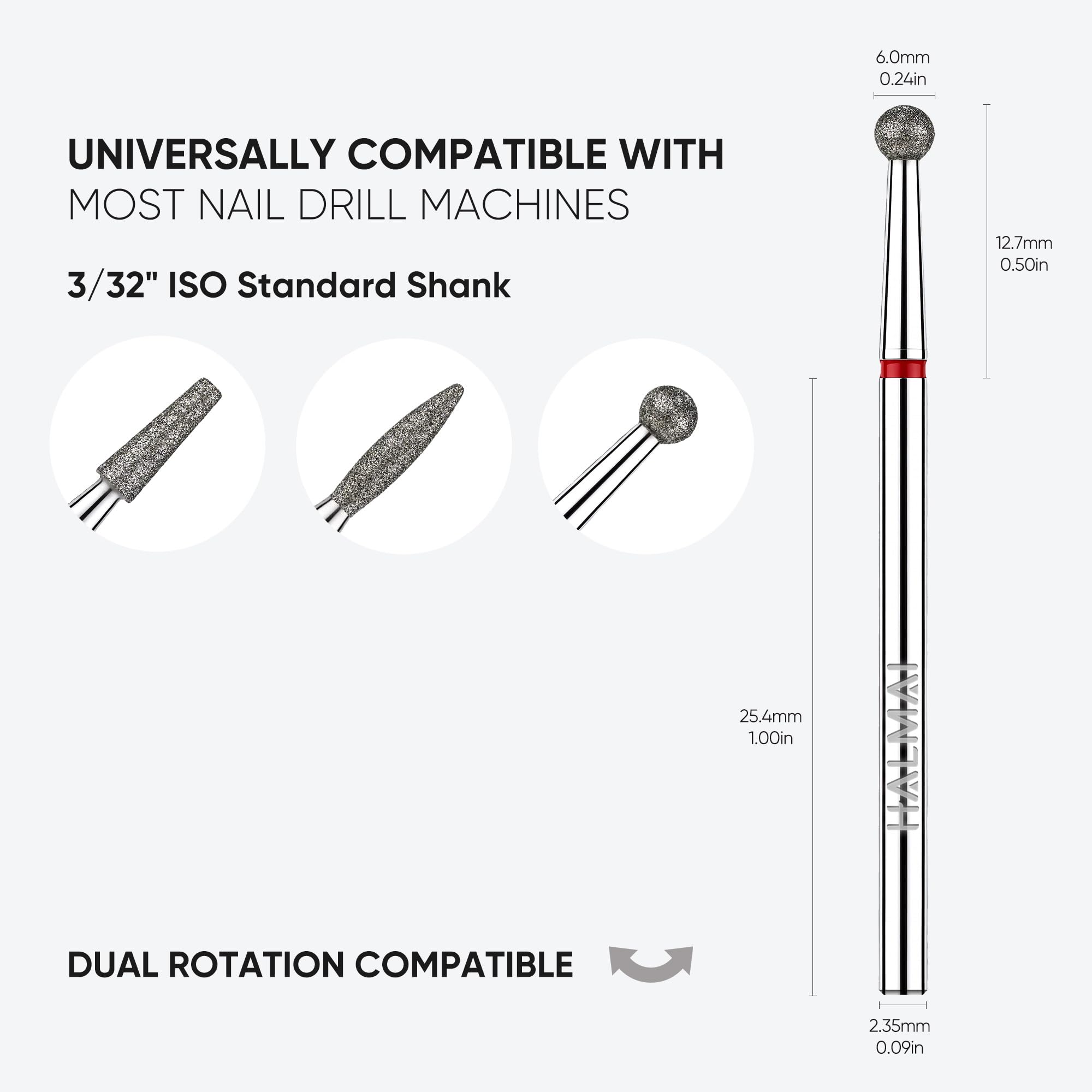 HALMAI Set 3 Frese per Unghie 3/32", Punte Diamantate per Cuticole, per Lima Elettrica, Strumenti Professionali Manicure Pedicure per Unghie Acrilico e Gel, Kit Casa e Salon