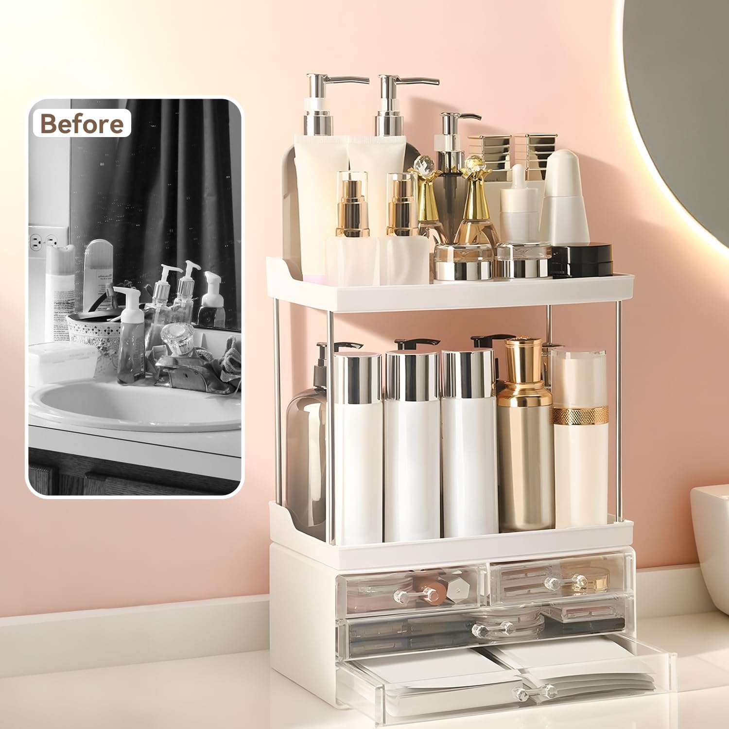 Bathroom Organizers and Storage, 5-Tier 4-Drawer Makeup Organizer Countertop, Multi-Purpose Large Makeup Vanity Organizer, Hair Product, Perfume & Skincare Storage, White - Image 4