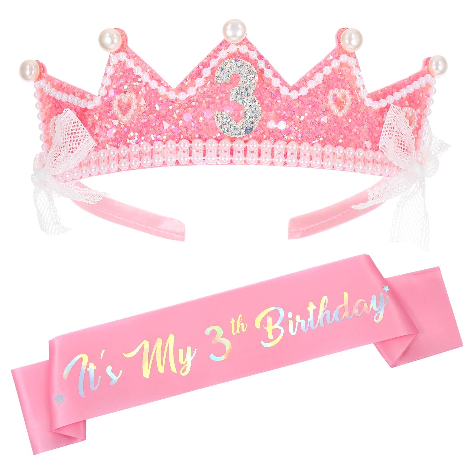 PEOVLVN Birthday Girl Sash and Crown, 3th Birthday Girl Headband Glitter Rhinestone Princess Party Decorations Gifts for 3 Year Old Girls Outfit Party Favors
